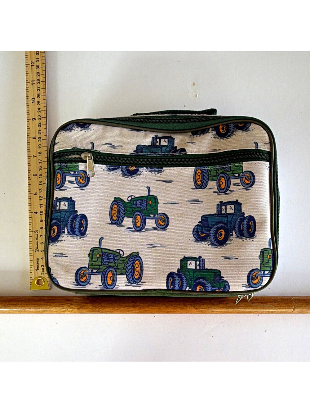 Kids Insulated Lunch Bag Tractor Print Zipper Top Handle 9x8x2.5 White/Green